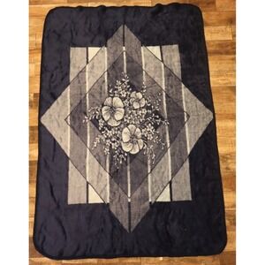 Vintage San Marcos Mexico Blanket Floral Rose Blue Reversible Acrylic Size 60x89
